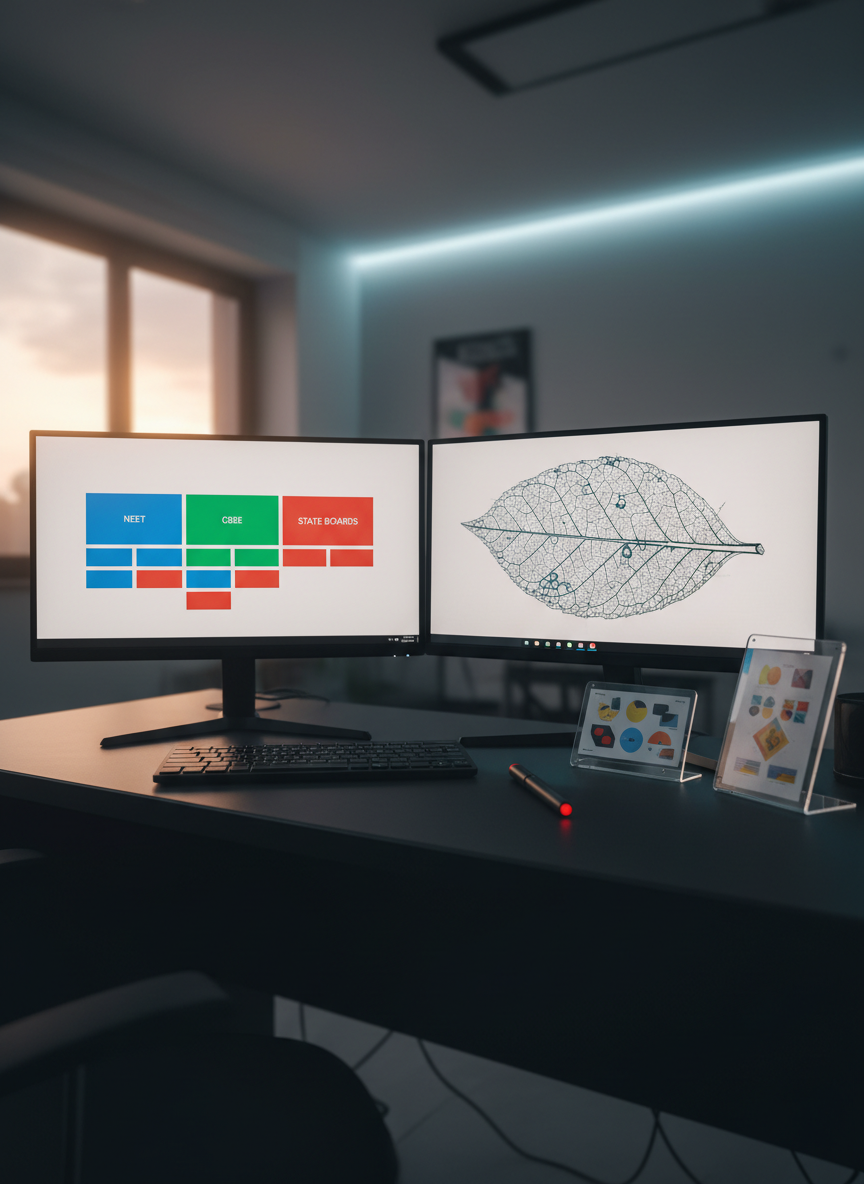 A panoramic photographic realism image of a dual-monitor online biology workstation, one screen showing a clean dashboard of course modules for NEET, CBSE, and state boards, represented by distinct color-coded tiles without text, and the other screen displaying a large, detailed illustration of a leaf cross-section. The matte black desk beneath holds only a thin keyboard, a laser-precise digital pen, and a clear acrylic stand supporting labeled-but-textless flashcard-like diagrams. Soft evening light from a side window combines with cool overhead LEDs, creating a balanced, professional ambiance with gentle reflections on the screens. Shot from a wide, slightly elevated angle with strong leading lines, the scene feels efficient, comprehensive, and exam-oriented.
