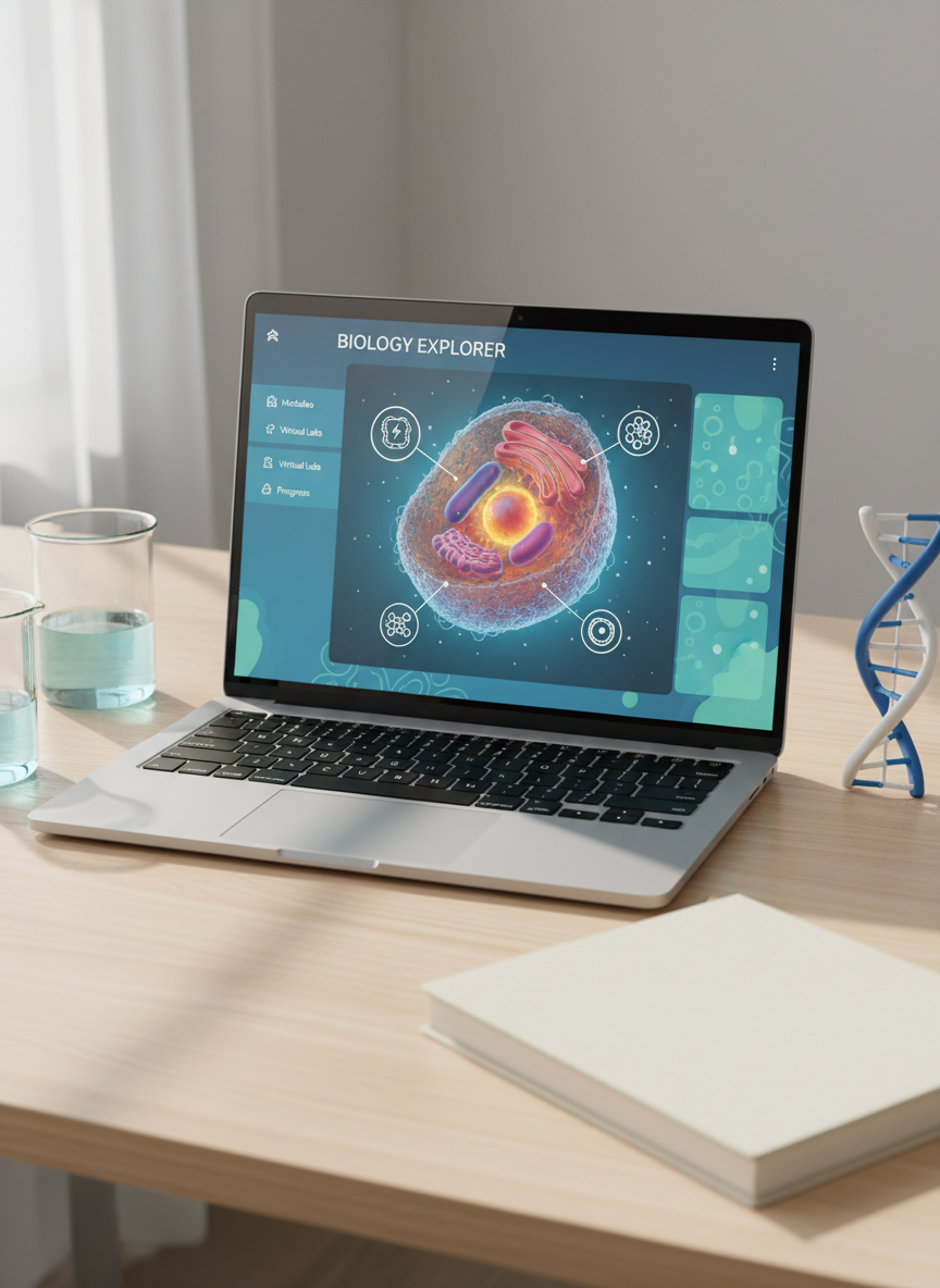 A sleek, modern online biology classroom interface displayed on a slim silver laptop with a sharp, photographic realism style. On the screen, a vivid, highly detailed 3D model of a human cell is open, with labeled organelles represented by clean, icon-like shapes instead of text. Surrounding the laptop on a light wood desk are neat biology tools: a glass beaker, a plastic DNA helix model, and a closed textbook with a blank, text-free cover. Soft daylight from an unseen window casts gentle highlights and minimal shadows, creating a calm, professional atmosphere. Shot at eye level with a subtle shallow depth of field, the composition feels organized and inviting, ideal for a homepage hero image about personalized online biology classes.