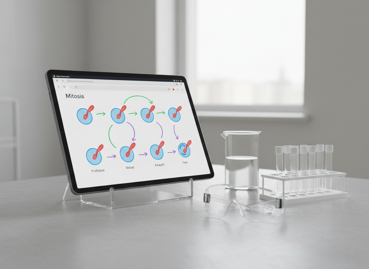 A photographic realism scene of a modern tablet on a stand, displaying an online biology whiteboard filled with clear, colorful sketches of mitosis stages using simple shapes and arrows instead of text. The tablet sits on a smooth, light concrete desk beside a glass beaker, a pair of safety goggles, and a small rack of empty microtubes, symbolizing hands-on biology tools adapted for online learning. Overhead diffused lighting produces an even, shadow-softened illumination, with a gentle highlight across the tablet screen. Captured at a low, slightly tilted angle, the composition feels dynamic yet orderly, conveying an atmosphere of active explanation, ideal for showcasing personalized, concept-focused NEET and board exam teaching.