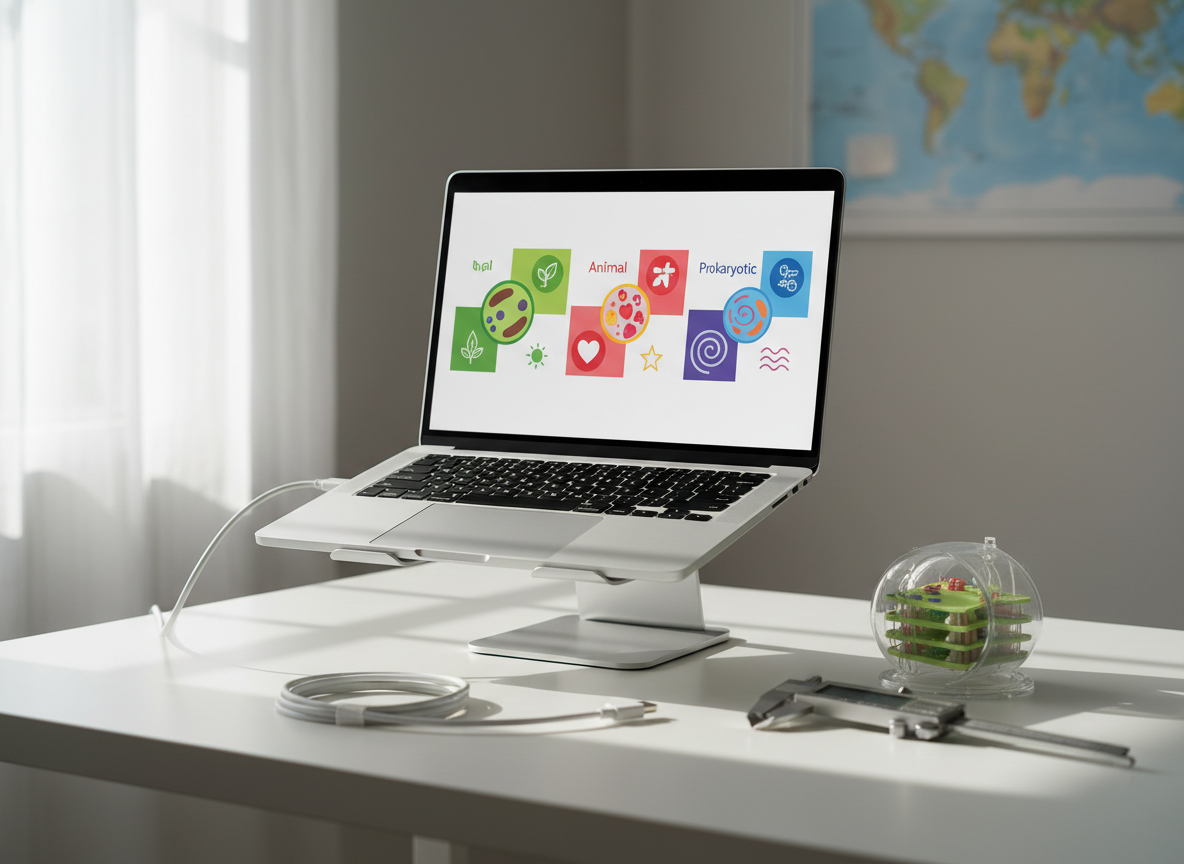 A detailed, photographic realism image of a biology desktop setup tailored for IB and A Levels students: a slim laptop propped on a metal stand, screen split into three windows showing comparative diagrams of plant cells, animal cells, and prokaryotic cells using color blocks and icons without text. On the white desk, a neatly coiled charging cable, a transparent plastic model of a chloroplast, and a stainless steel caliper rest in a tidy arrangement. Natural, diffused light from a large unseen window creates a bright, neutral glow, with soft shadows falling backward. Captured from a slightly overhead three-quarter angle, the whole scene appears clean, analytical, and globally oriented, emphasizing rigorous international curriculum support.