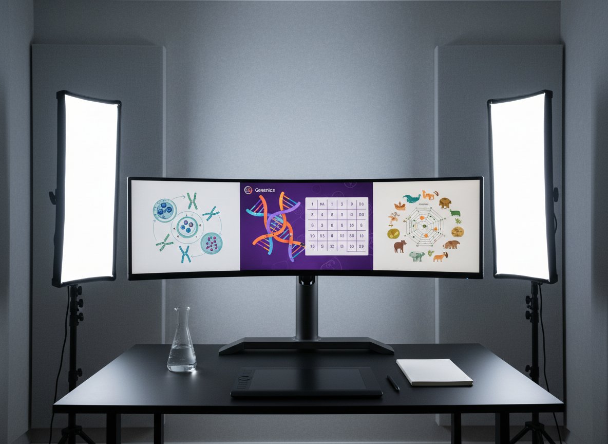 A photographic realism wide shot of a compact online-only biology tutoring studio, with a single ultra-wide curved monitor on a dark metal stand, flanked by two adjustable LED panel lights. The monitor displays a multi-window layout of different biology topics—cell division, genetics, ecology—represented by colorful, text-free diagrams and animated-style thumbnails, implying up to three small virtual groups. On the matte black desk sit a sleek digital drawing tablet, a closed notebook with a blank cover, and a glass flask with clear liquid. Cool, even studio lighting creates a crisp, high-tech atmosphere with minimal shadows. The camera is positioned slightly off-center at eye level, following the rule of thirds, conveying a highly professional, online-only teaching environment.