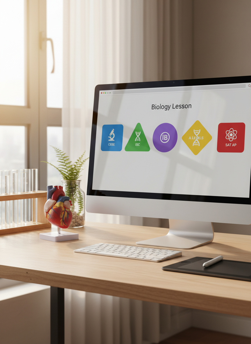 A clean, minimalist home workspace in photographic realism, centered on a single large monitor displaying an organized online biology lesson interface, with separate color-coded sections hinting at CBSE, ISC, IB, A Levels, and SAT AP courses using simple geometric icons instead of text. In front of the monitor, a thin wireless keyboard and stylus tablet rest on a pale oak desk. To one side, a small cluster of biology lab tools—a rack of empty test tubes, a plastic anatomical heart model, and a plant in a glass jar—add scientific character. Soft morning sunlight streams from the left, creating a warm, professional glow and subtle reflections on the screen. Captured at eye level with a balanced composition, the atmosphere is focused, organized, and welcoming.