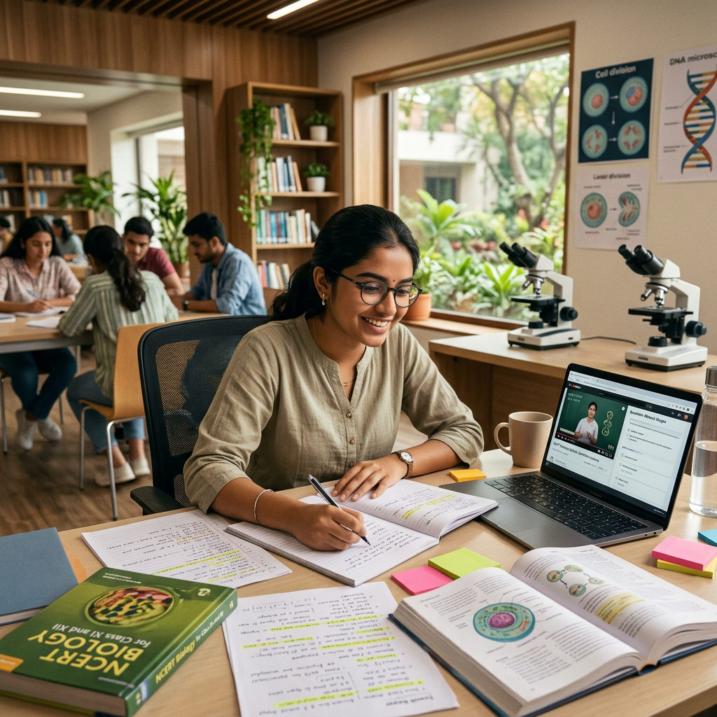 Student studying biology with textbooks, notes, and laptop in a library